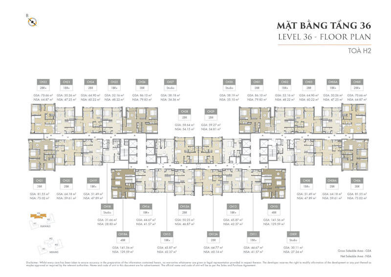 Mặt bằng điển hình toà H2 phân khu Hawaii Masteri Waterfront