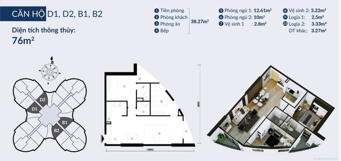 Căn hộ 2PN The Queen 360 Giải Phóng 76m2 Căn hộ 2PN The Queen 360 Giải Phóng 76m2