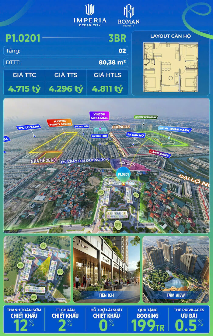 Bán căn hộ 3PN The Parkland Ocean Park 2 nội thất liền tường